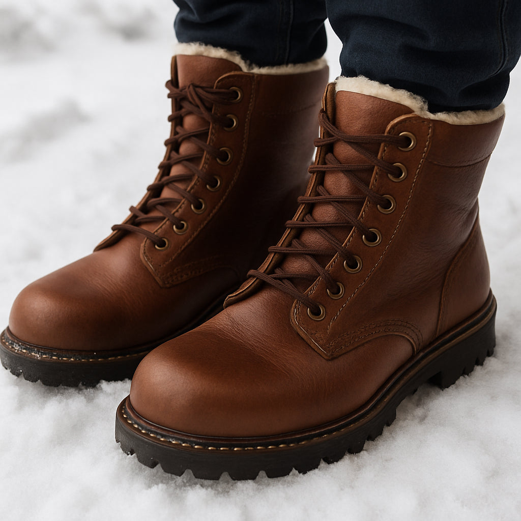 Närbild på robusta samelin läderkängor med snörning och bred passform, stående på snötäckt mark. Alt: Varmfodrade kängor herr med bred tåbox och tålig läderkonstruktion för vinterbruk.
