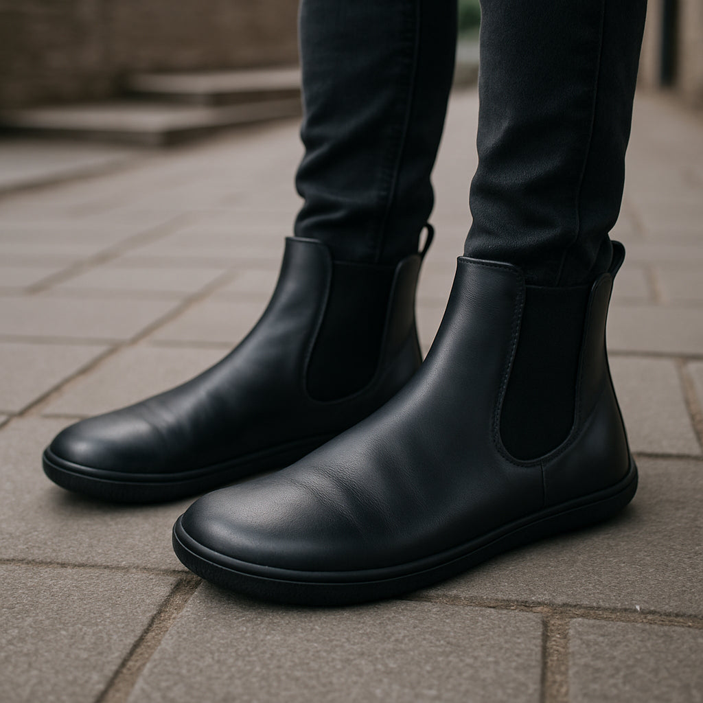 En stilren närbild av ett par eleganta barefoot chelsea boots i läder på en urban promenadmiljö. Alt: Barfotakängor i Chelsea-stil för naturlig fotvård och komfort.
