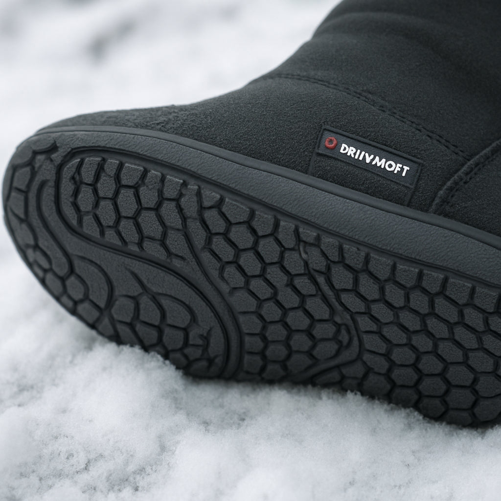 En närbild av en vintervänlig barfotaskosula med Primaloft‑isolering, tydligt synliga mönster och snö på marken. Alt: Vinterbarfotaskor med flexibel sula och tunn isolering för kallt väder.