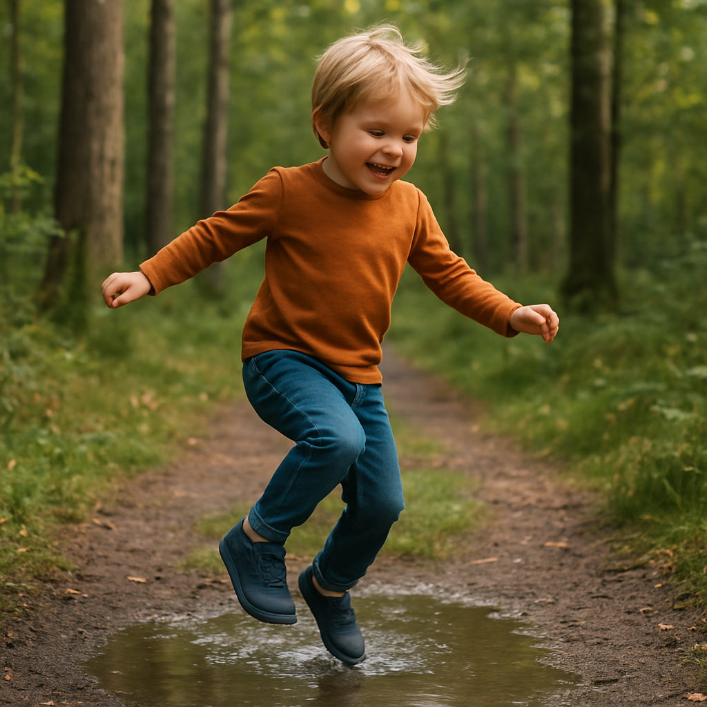 En glad liten person i barfotaskor som hoppar över en pöl i en skogsglänta. Alt: barfotaskor barn lek ute