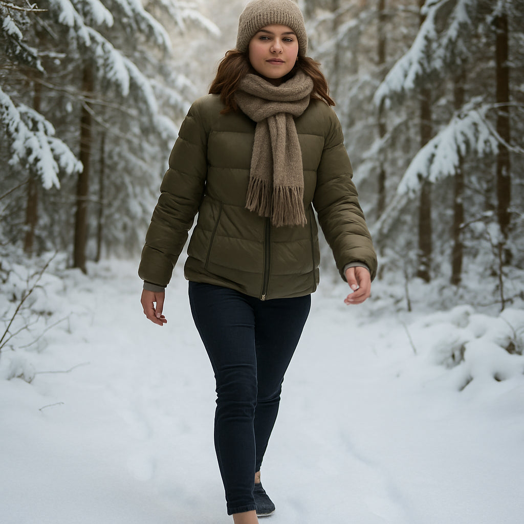 En ung kvinna i vinterkläder som vandrar genom en snötäckt skog med barfotaskor, tydligt synliga fötter i snön, mjukt ljus, fokus på skorna. Alt: barfotaskor vinter i snö, naturlig rörelse och värme.