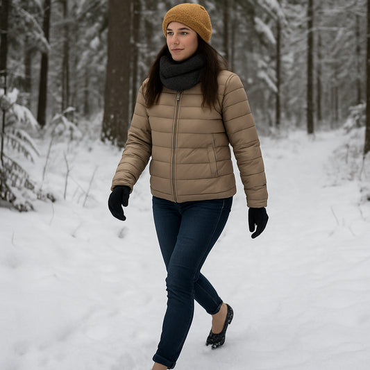En kvinna i vinterkläder som går på ett snötäckt skogsstig med minimalistiska barfotaskor, snön sprakar under hennes fötter. Alt: barfotaskor vinterpromenad för kvinnor, naturligt grepp i snö.