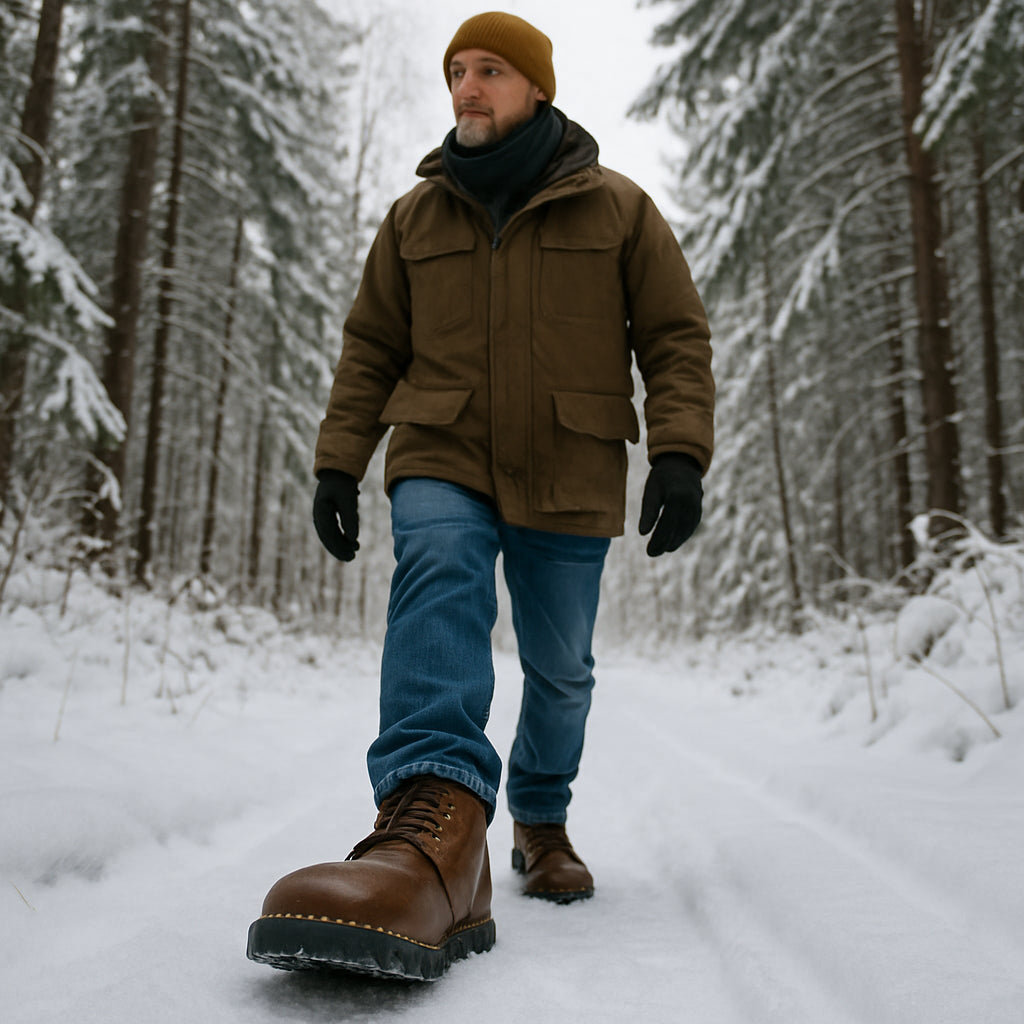 En man i vinterkläder som promenerar i snö på en skogsstig med breda läderskor, alt: breda kängor herr i vinterlandskap – tydligt fokus på tåboxen och fotens naturliga form.
