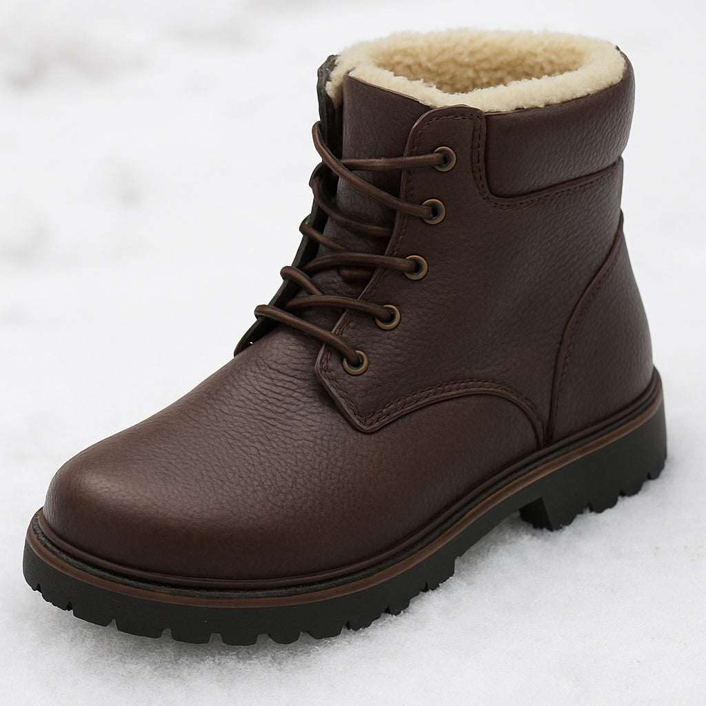 A close‑up of a wide‑toe winter boot on snowy terrain, showing the breathable leather and insulated lining. Alt: bredda vinterkängor dam med högkvalitativ konstruktion