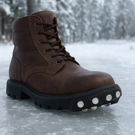 En känga med installerade keramiska broddar på en isig trottoar, i bakgrunden snöklädd skog. Alt: broddar till kängor för säkert vintergrepp