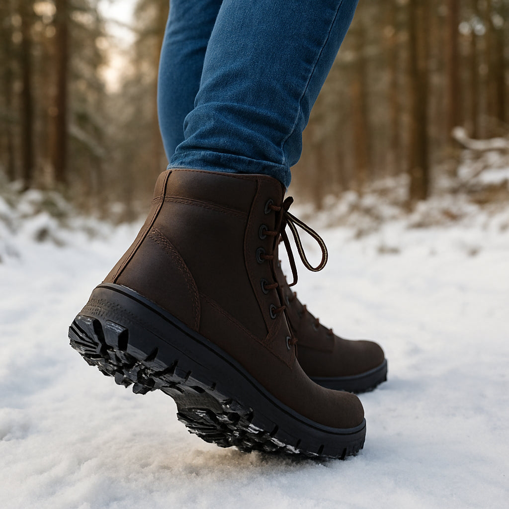 En kvinna i vinterkängor dam står på en snötäckt skogsstig, med tydlig syn på sulans greppmönster och en varm, naturlig bakgrund. Alt: vinterkängor dam med bra grepp och vattentäthet i snöig natur.