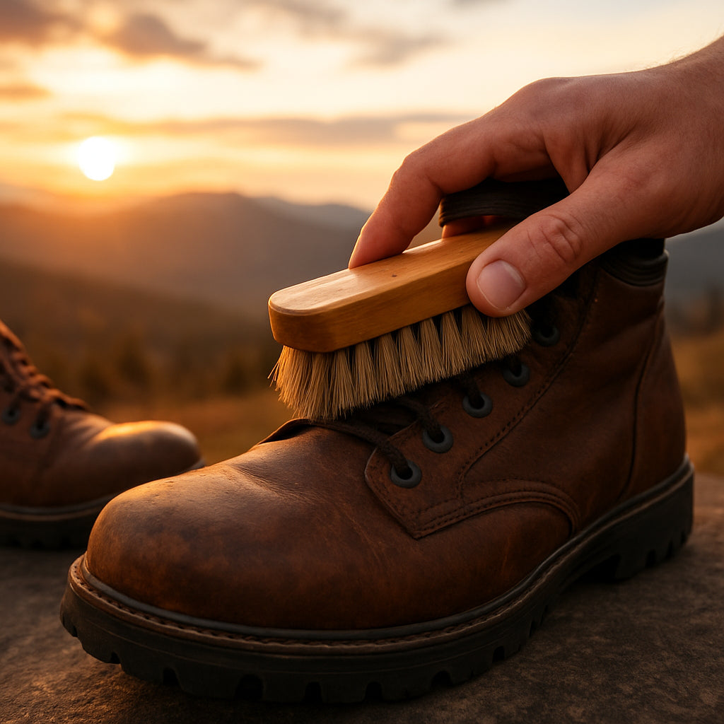 En närbild av en hand som borstar läderkängor med en mjuk borste, solnedgång i fjällbakgrunden. Alt: Rengöring av läderkängor inför vinterimpregnering