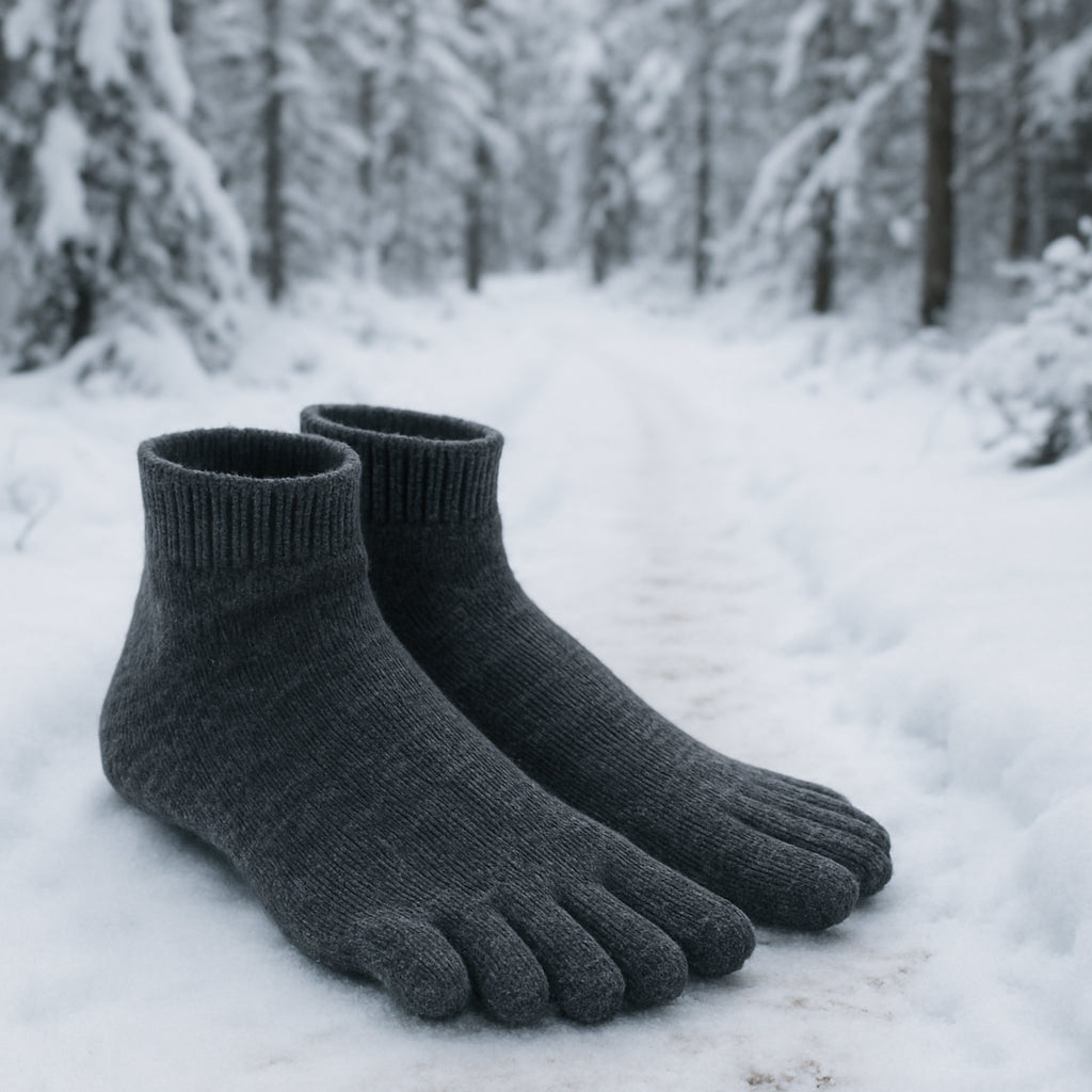 En närbild av ett par tåstrumpor i fin merinoull, liggande bredvid en snötäckt skogsstig. Alt: tåstrumpor ull – varm och andningsbar friluftsutrustning