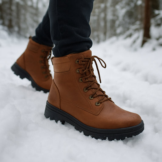 En kvinna i lätta vinterkängor dam som går genom djup snö på en skogsstig, med fokus på kängornas detaljer och fotens passform. Alt: Lätta vinterkängor dam med perfekt passform och vattentätt material.