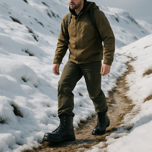 En man i tjocka militärkängor vandrar längs en snötäckt fjällstig, med snödrivor i bakgrunden. Alt: militärkängor herr vandring terräng