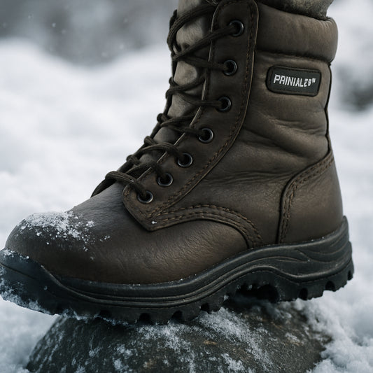 En närbild på en robust lädermilitärkänga i snö, med tydligt synlig Primaloft‑isolering i innersulan och dubbelskiktsula som greppar en isig sten. Alt: robusta lädermilitärkängor vinter, varm och vattentät med bra grepp på is.