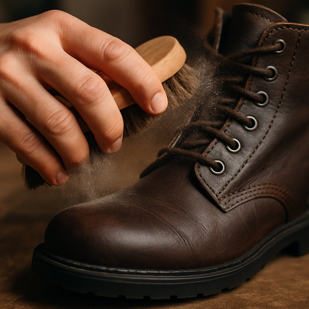 En närbild av en hand som borstar rent lädersko, med damm som blåser bort. Alt: Förbered läder inför impregnering – ren, torr och klar för skydd.
