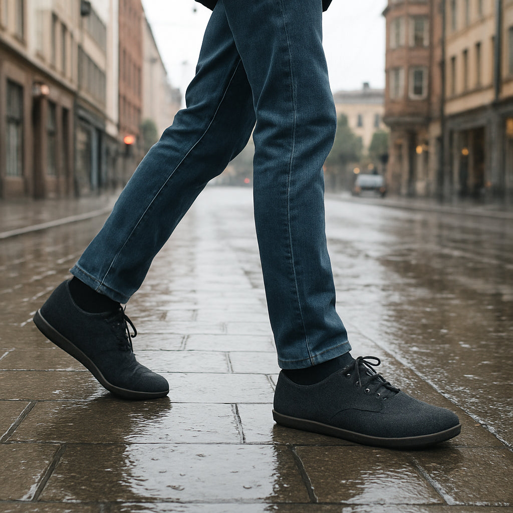 En person i en skandinavisk stadsmiljö som bär barfotaskor, gående på trottoar i regn. Alt: barfotaskor vardag