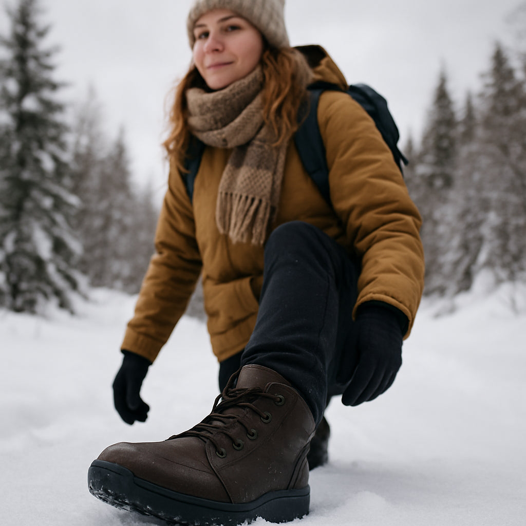 En kvinna i vinterkläder som vandrar i snö med breda, vattentäta skor som har en tydlig bred tåbox, foten visas i närbild för att framhäva komforten. Alt: Skor hallux valgus dam med bred tåbox och vattentät design.