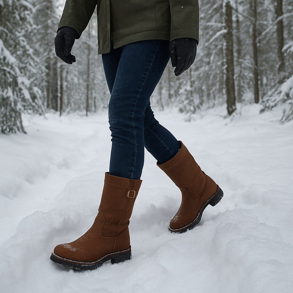 A snowy forest trail with a woman wearing sturdy Samelin leather boots, stepping confidently through deep snow. Alt: Samelin outdoor läderstövlar varma och robusta vinterfotografering