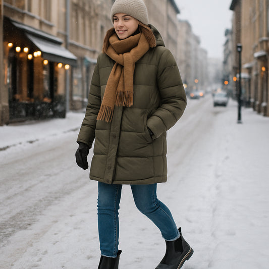 En kvinna i vinterkläder går på en snöig stadsgata, bär klassiska varmfodrade chelsea boots med fleece‑foder. Alt: varmfodrade chelsea boots dam för vardagsbruk på snöiga trottoarer