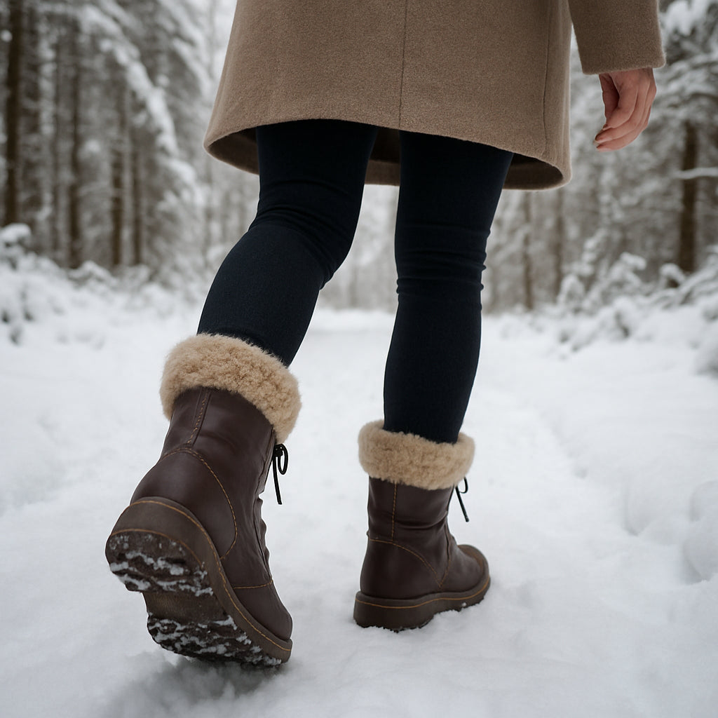 A woman walking in snowy forest wearing warm insulated boots, showing the detailed texture of the fur lining. Alt: varmfodrade kängor dam i vinterlandskap.