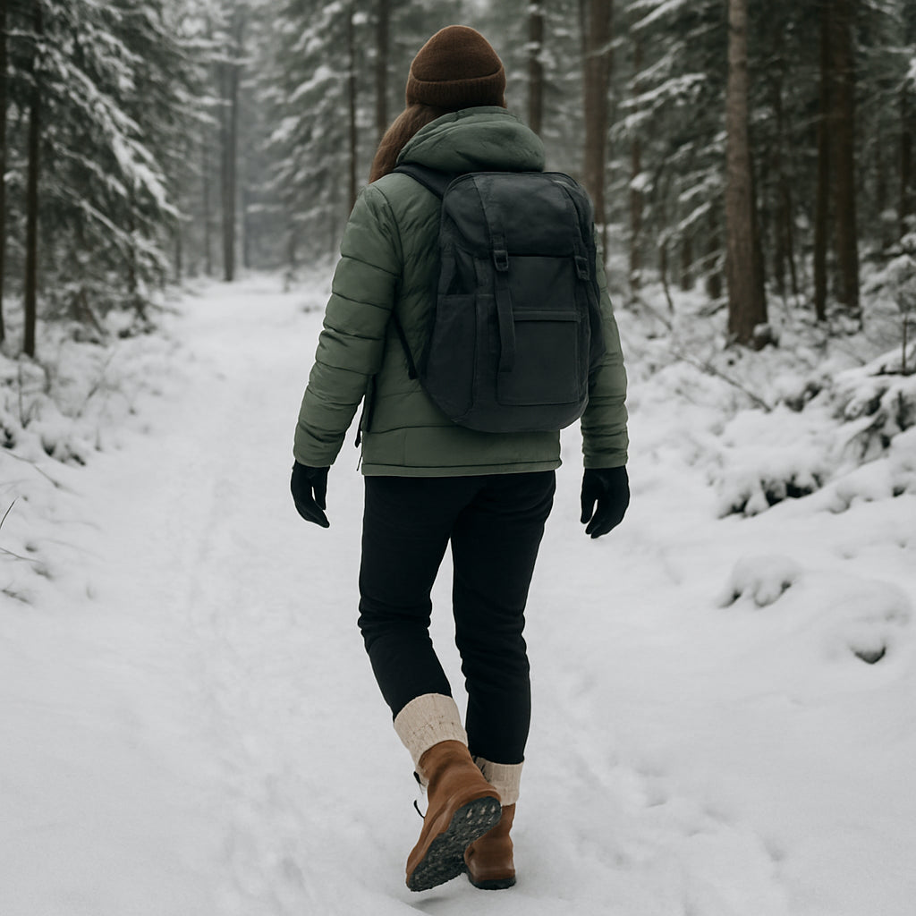 En kvinna i vinterkläder vandrar genom ett snötäckt skogsparti, bär breda vinterkängor med tjocka ullstrumpor. Alt: vandringskänga bred tåbox dam på snöig stig