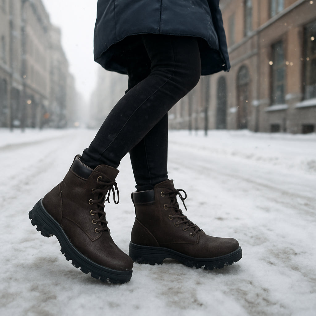 En kvinna i urbana vinterkängor med kraftig sula, vandrar på en snöig stadsgata, foten tydligt i fokus. Alt: urbana vinterskor med bra grepp dam, stadsvinter.