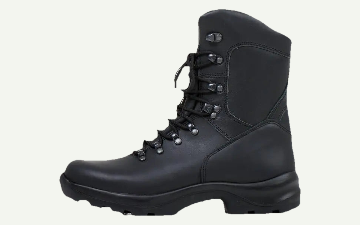 Samelin | 739 Black | Waterproof leather military boots fotograferad från sidan med utpekade detaljer